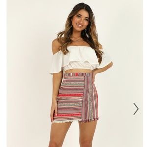 Showpo Mini Skirt Printed Fringe Textured Crochet Cotton Blend Boho Pink US 2.